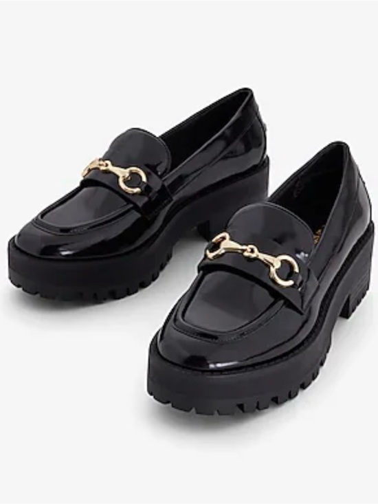 Express Shoes - Express Women’s Black Patent Horsebit Platform Loafer Loafers Gold Hardware 9
